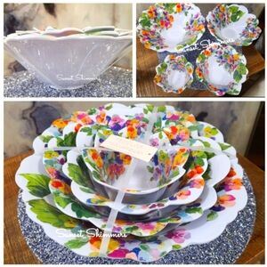 Rachel Zoe Floral Pansy Stacking Bowls Set of 4 Nesting Scalloped Melamine NEW